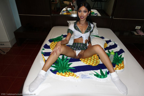 Petite shemale Itim shows off her small booty & her tight anal love hole
