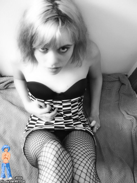 Thin lady girl girl Athena Hollow doffs checkerboard dress and fishnets to pose nude