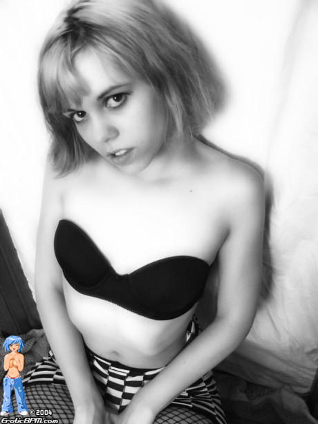 Thin lady girl girl Athena Hollow doffs checkerboard dress and fishnets to pose nude