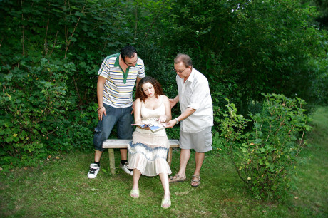 Curly-haired pregnant bitch gets boned by four horny lads outdoor