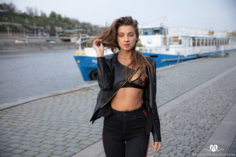 Thin lesbian Melena Tara & her hot girlfriend showing their great bums in public