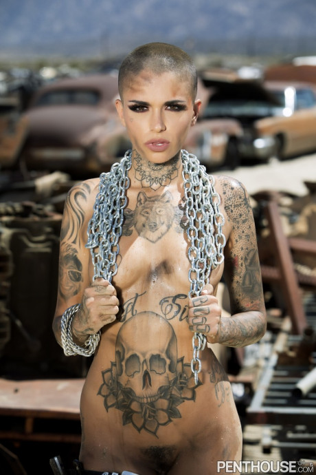 Bald inked babe Leigh Raven flaunts her small boobies and poses naked outdoors