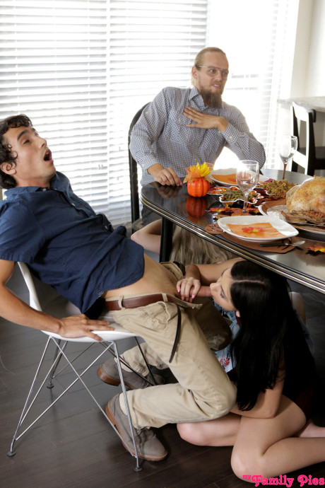 Teens Lexi Lore & Violet Rain blow a rod under a table before getting sexed