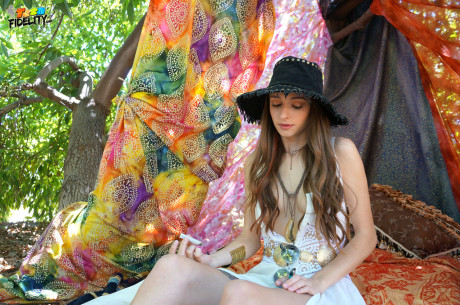 Hippy whore lady Willow Hayes bares her titties before smoking weed in the outdoors