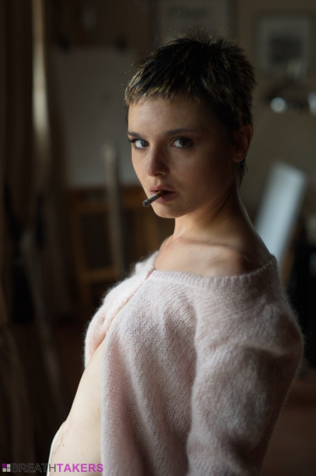 Petite girl gf broad with short hair Caterina Foxy smokes while unclothed in her underwear
