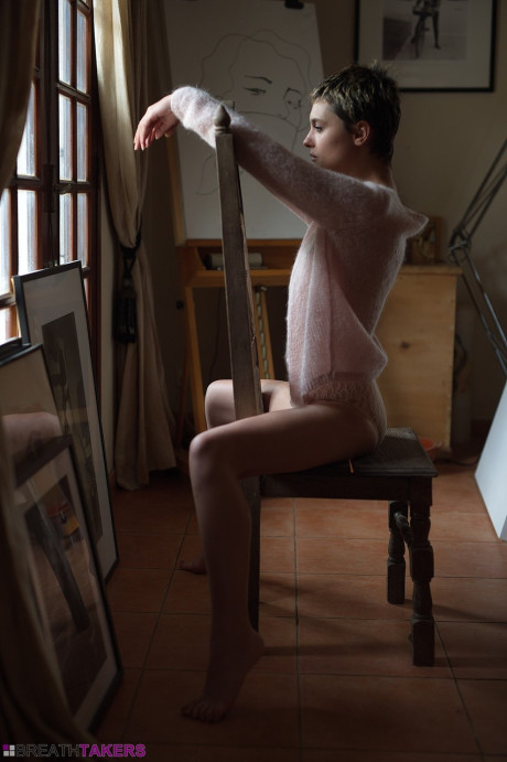 Petite girl gf broad with short hair Caterina Foxy smokes while unclothed in her underwear