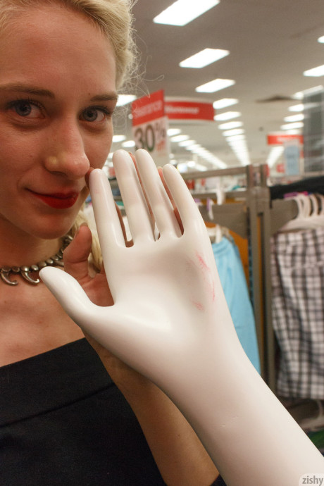 Blonde young Leisel Bonnke flashes no panty upskirt inside a department store