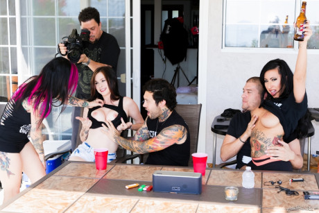 Alt bitch girl Joanna Angel brings watches her GF lick and fuck after a few drinks