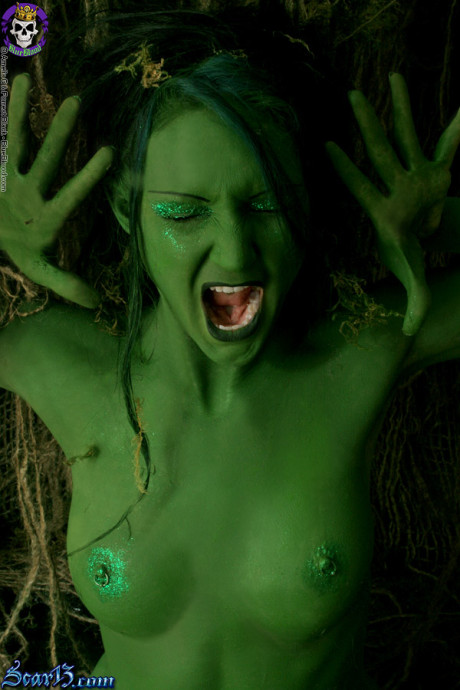 Solo bitch girl chick with green skin wanders around the woods with no clothes on