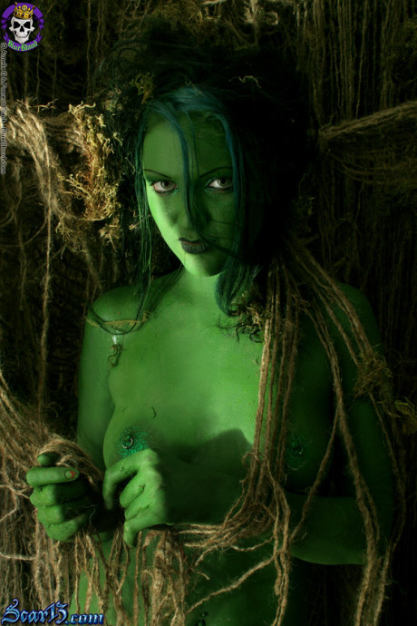 Solo bitch girl chick with green skin wanders around the woods with no clothes on
