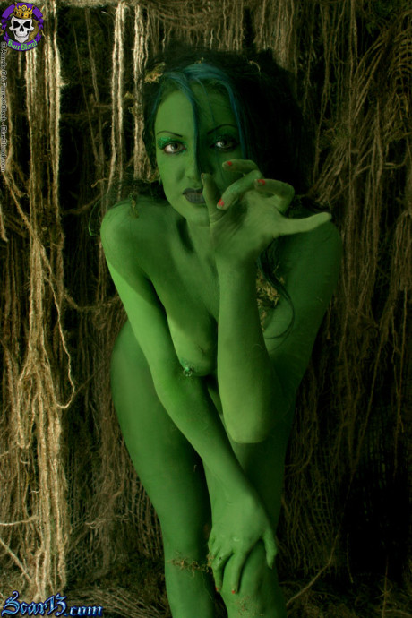 Solo bitch girl chick with green skin wanders around the woods with no clothes on