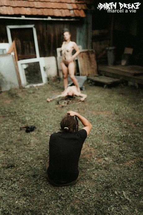Heavily tattooed hoes piss on a undressed fiance bf lover outside the back steps of a house