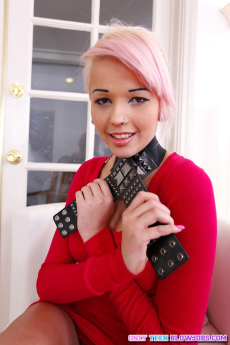 Pink haired teenie Christina squeezes her mesmerizing massive boobies and gives head