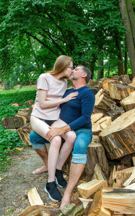 Lustful young Abela getting pounded hard by an cougar man bf man outdoors in the woodpile