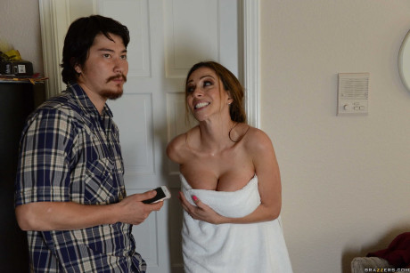 Busty hispanic mother Ariella Ferrera licks off her son's friend in the tub