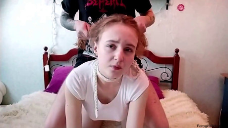 Babe lets her BF pull her hair & ride on her back in an amateur BDSM scene