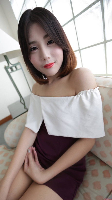 Brunette asian transsexual exposes her tiny melons and poses in underwear