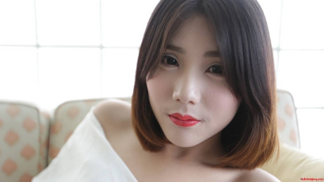 Brunette asian transsexual exposes her tiny melons and poses in underwear