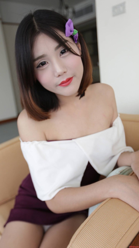 Brunette asian transsexual exposes her tiny melons and poses in underwear