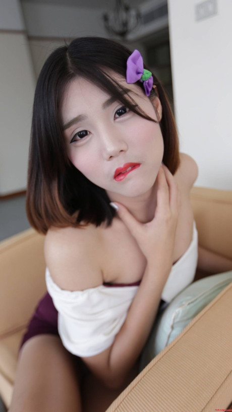 Brunette asian transsexual exposes her tiny melons and poses in underwear