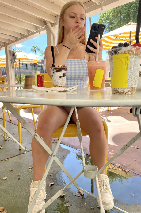 Thin blondie teen Kylie teases with her incredible monstrous tits & behind in public