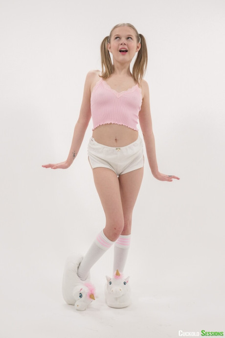 Petite girlfriend Coco Lovelock loves a nasty IR 3some as her cuckold watches