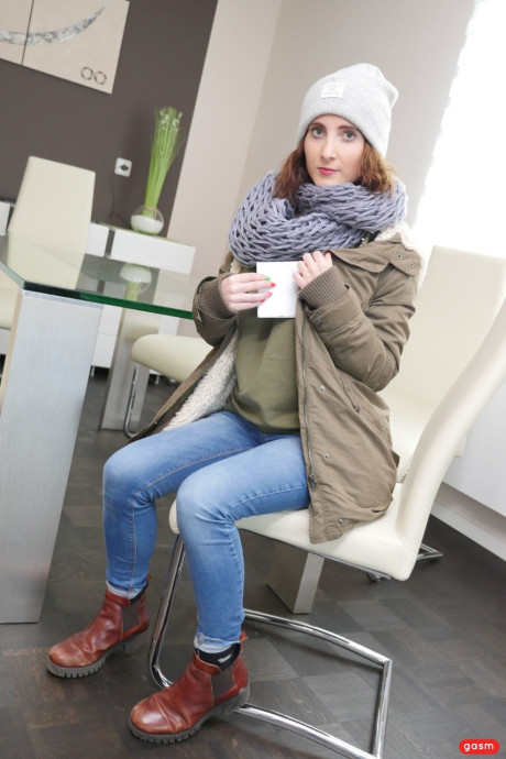 Brunette teen Lia Louise sheds her winter clothes to enjoy a hardcore fuck