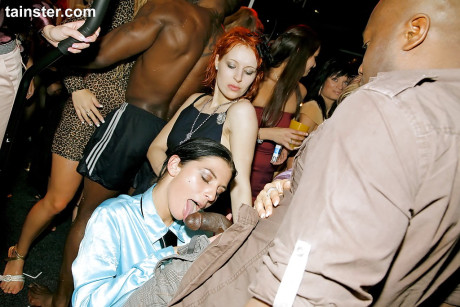 Light-minded babes go mad at a party and arrange a sleazy group sex action