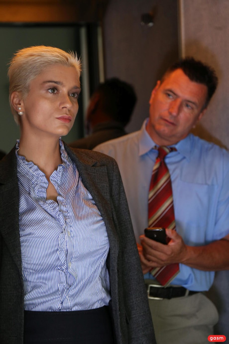 Blondie secretary Mila Milan teases in pantyhose & high heels at work