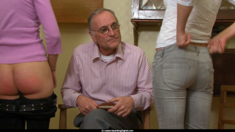 Fresh teen whores expose their freshly spanked bottoms in front of a senior citizen