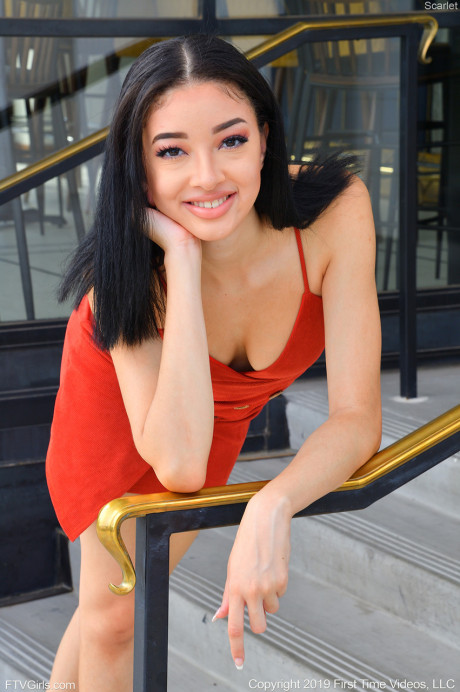Innocent oriental young Scarlet strips at home and slowly touches her tasty cunt