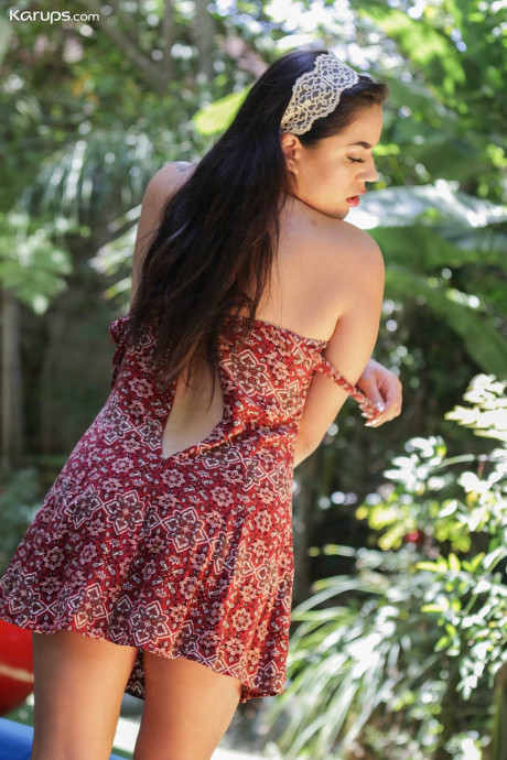 Hard case coed Monica Sage flashes nude upskirt & finger fucks butt outdoors