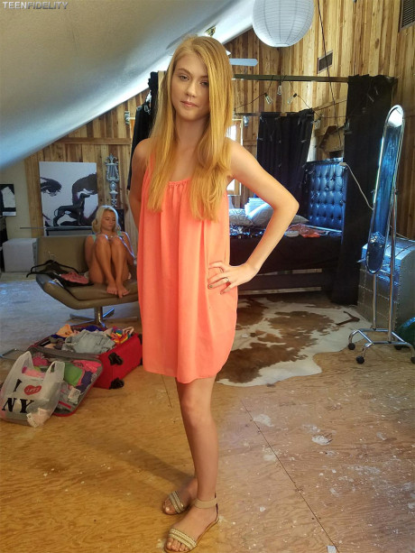 Hot blonde teenie models her tiny tits & thin figure in charming outfits
