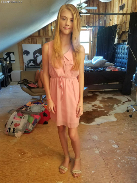 Hot blonde teenie models her tiny tits & thin figure in charming outfits