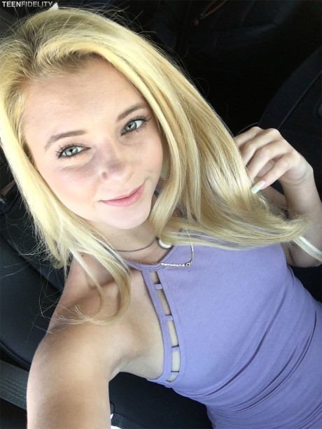 Hot blonde teenie models her tiny tits & thin figure in charming outfits