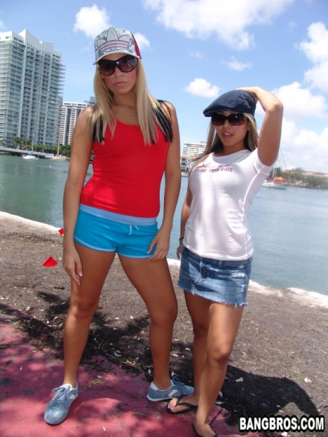 Small blondes Jade & Bridget Bryans give a massive dicked stud a double blowjob