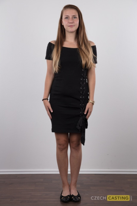 18 year old first timer stands undressed after her dress and undergarment is removed