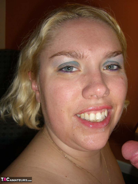Mature blonde Barby swallows off a penis after getting undressed in a hotel room