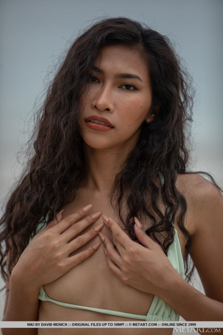 Hot brunette teen Niki does away with her bikini to go nude on a beach