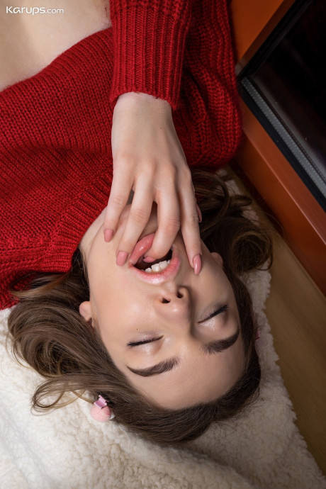 Amateur teen Kiere shows her gigantic juggs and masturbates in a red sweater