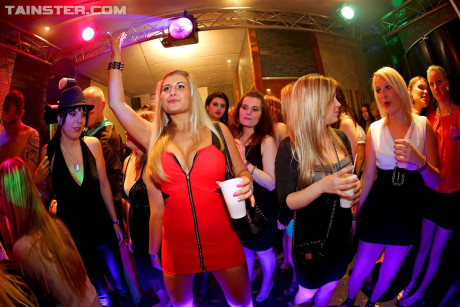 Group of drunk hoes line up to blow and fuck hunky male strippers