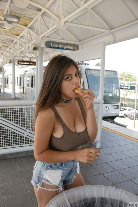 Amateur babe Ella Knox flashes her massive titties and poses in public