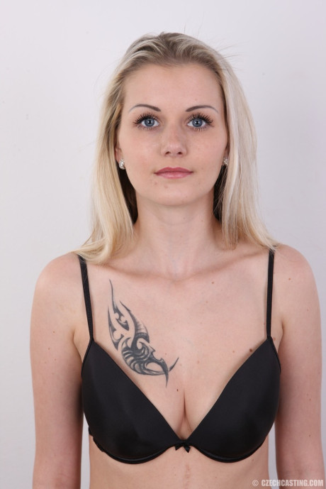 Blue eyed blonde amateur strips nude for her fist porn interview shoot