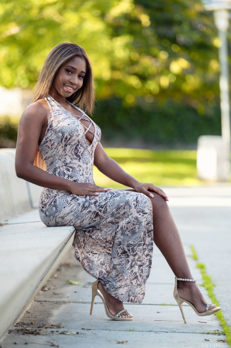 Black cutie Boni Brown strips her long dress & shows her muff, melons & monstrous booty