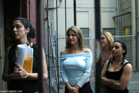 Submissive pornstars getting stripped and painfully humiliated in BDSM action