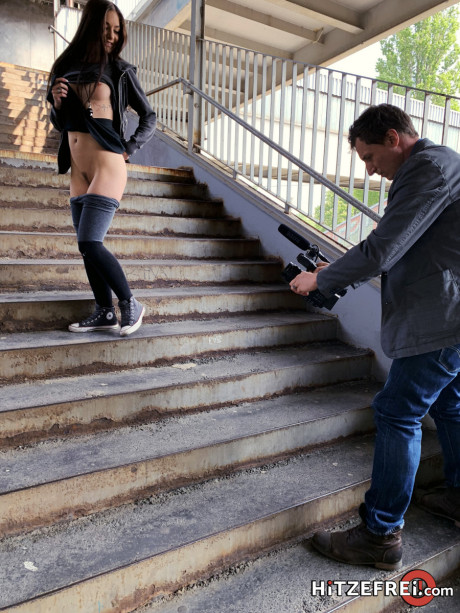 Brunette exhibitionist Lullu Gun exposes herself before having sex in public