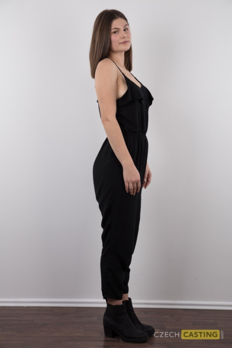 Brunette slut broad Tereza stands naked during her undressed debut before taking a rocker