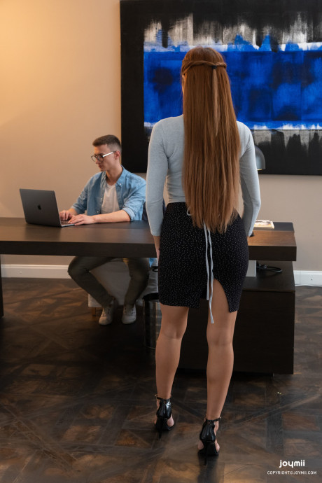 Skinny long-haired teen Vanna Bardot spreads her legs for her nerdy boss