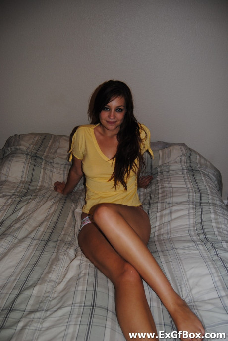 Girlfriend exposes her natural titties while laying on bed in sweet panties