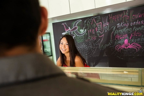 Horny latina waitress serves up some hot dessert at the cafe